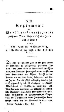 Reglement der Mobiliar-Feuersozietät zwischen sämmtlichen Schullehrern und Küstern in dem Regierungsbezirk Magdeburg, mit Ausschluß der beiden Jerrichowschen Kreise
