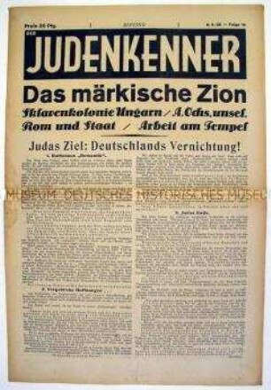 Völkisch-antisemitische Wochenzeitung "Der Judenkenner" mit Polemik gegen Judentum und Freimaurer