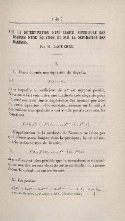 Sur la détermination d'une limite supérieure des racines d'une équation et sur la séparation des racines.