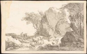 Landschaft mit Kühen: Ansicht einer Szene am Fluss mit Kühen und Hirten