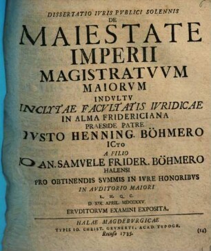 Dissertatio iuris publici solennis de maiestate imperii magistratuum maiorum