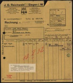 Firmenbriefkopf Reichwald, J.G., Siegen in Weidenau
