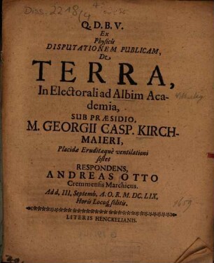 Ex physicis disputationem publicam, de terra