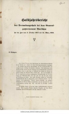 Halbjahrsbericht des Verwaltungschefs bei dem General-Gouvernement Warschau