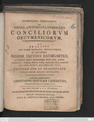Dissertatio Theologica De Indole, Avctoritate, Nvmeroque Conciliorvm Oecumenicorvm
