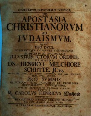 Dissertatio inavgvralis ivridica De apostasia Christianorvm ad Jvdaismvm