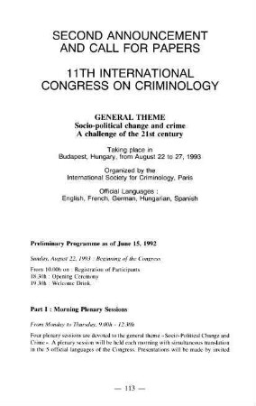 113-120, Second announcement: 11th International Congres on Criminology