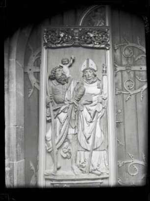 Evangelische Stadtkirche Hochaltar, linker Flügel, innen - Christophorus und Theobald - 1958