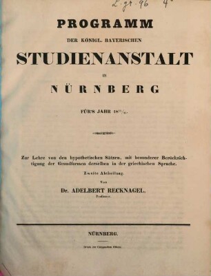 Zur Lehre von den hypothetischen Sätzen : mit besonderer Berücksichtigung der Grundformen derselben in der griechischen Sprache, 2