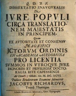 Dissertatio Inavgvralis De Jvre Popvli Circa Translationem Majestatis In Principem