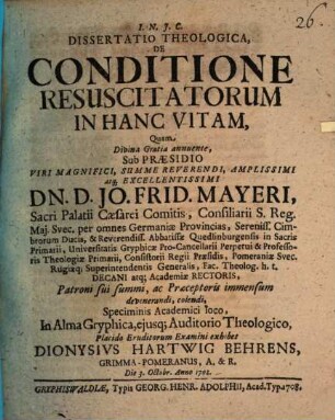 Diss. ... de conditione resuscitatorum in hanc vitam