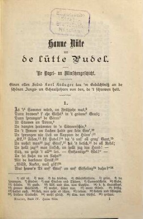 Sämmtliche Werke : Volks-Ausg. in 7 Bd., 4. Hanne Nüte ; Olle Kamellen II: Ut mine Festungstid ; Gedichte