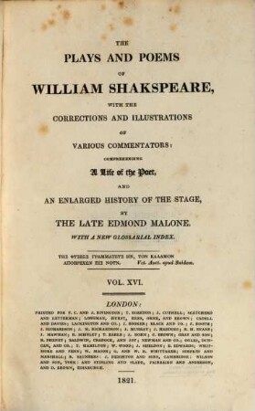 The plays and poems of William Shakspeare : With a new glossarial index, Vol. XVI.. Richard II. Henry IV, part 1.