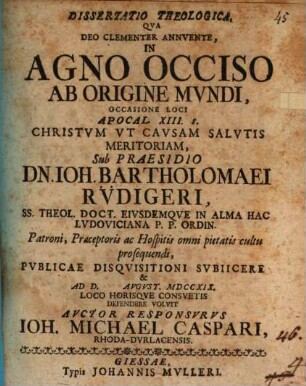Dissertatio theologica, qva Deo clementer annvente, in Agno occiso ab origine mvndi occasione loci Apocal. XIII, 8.