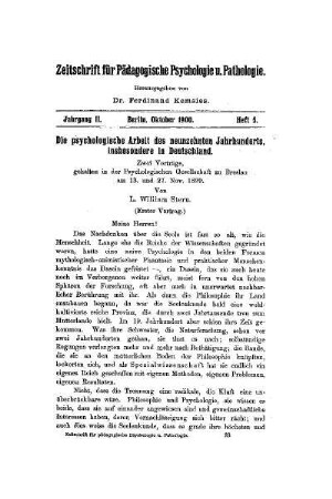 Die psychologische Arbeit des neunzehnten Jahrhunderts, insbesondere in Deutschland : zwei Vorträge, gehalten in der Psychologischen Gesellschaft zu Breslau am 13. und 27. Nov. 1899