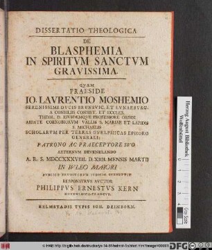 Dissertatio Theologica De Blasphemia In Spiritvm Sanctvm Gravissima