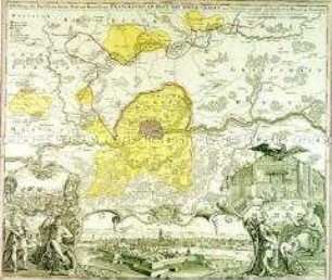 Abbildung der Keysrl. Freyen-Reichs-Wahl-und-Handelstatt FRANCKFURT AM MAYN MIT IHREM GEBIET und Gräntzen. Mit einer Ansicht der Stadt Frankfurt.