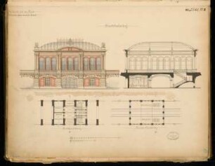 Stadtbahnhof, Berlin Monatskonkurrenz August 1877: Grundriss (zwei Ebenen), Aufriss Seitenansicht, Längsschnitt; 2 Maßstabsleisten