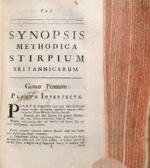 Joannis Raii Synopsis Methodica Stirpium Britannicarum : Tum Indigenis, tum in agris cultis, locis suis dispositis : Additis Generum Characteristicis Specierum descriptionibus, & Virium Epitome