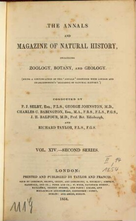 The annals and magazine of natural history, zoology, botany and geology : incorporating the journal of botany, 14. 1854