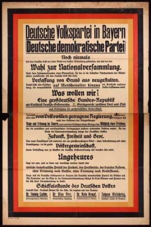 "Deutsche Volkspartei in Bayern (Deutsche demokratische Partei)." Wahlplakat mit den Zielen der Partei