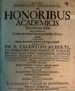 Disputatio Theologica, De Honoribus Academicis : Occasione dicti Matth. XXIII,8. 9. 10. Contra quosdam horum graduum osores