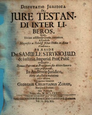 Disputatio Iuridica De Iure Testandi Inter Liberos