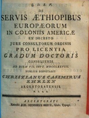 De servis Aethiopibus Europaeorum in coloniis Americae