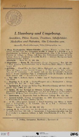 I. Hamburg und Umgebung. Ansichten, Pläne, Karten, Trachten, Schiffsbilder, Medaillen und Plaketten. Alte Urkunden usw. (Nr. 1-341)