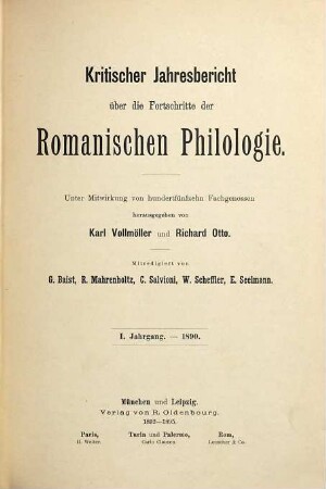 Kritischer Jahresbericht über die Fortschritte der romanischen Philologie, 1. 1890 (1892/95)