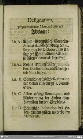 Designation. Der zu vorstehendem Memorial gehörigen Beylagen