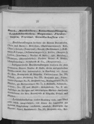 Buch-, Musikalien-, Kunsthandlungen, Leihbibliotheken, Magazine, Niederlagen, Vereine, Gesellschaften etc.