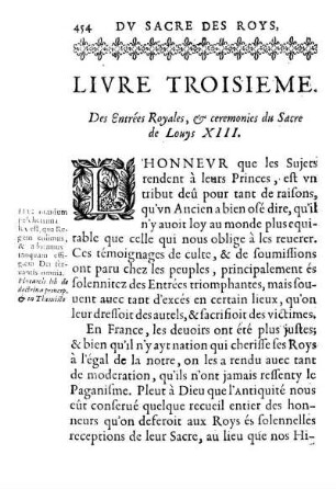 Livre Troisieme. Des Entrées Royales, & ceremonies du Sacre de Louys XIII.