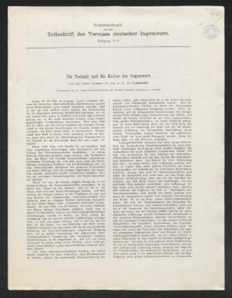 Die Technik und die Kultur der Gegenwart : (Vorgetragen auf der 54sten Hauptversammlung des Vereines deutscher Ingenieure zu Leipzig.)