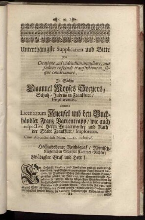 Unterthänigste Supplication und Bitte ...