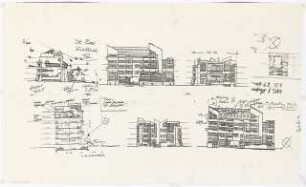 Internationale Bauausstellung (IBA) 1987, Wettbewerb, Rauchstraße, Berlin-Tiergarten: Ansichten, Schnitt, Grundriss 1:200