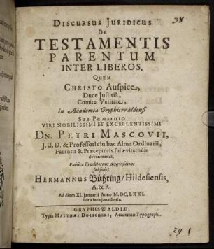 Discursus Iuridicus De Testamentis Parentum Inter Liberos