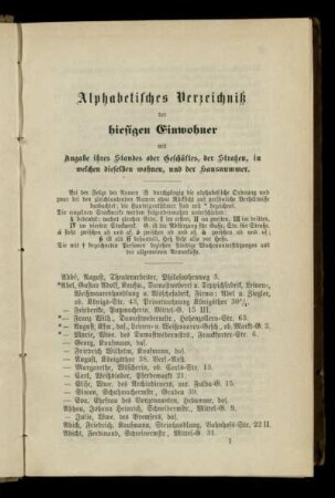 Alphabetisches Verzeichniß der hiesigen Einwohner