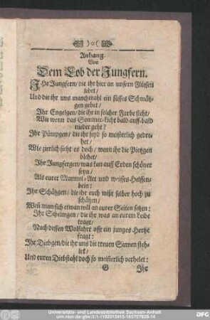 Anhang. Von Dem Lob der Jungfern.
