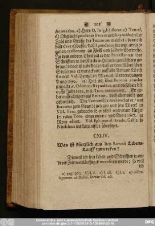 CXLIV. Was ist kürtzlich aus des Baronii Lebens-Lauff zumercken?