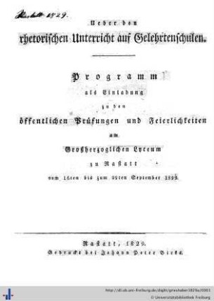 Über den rhetorischen Unterricht auf Gelehrtenschulen