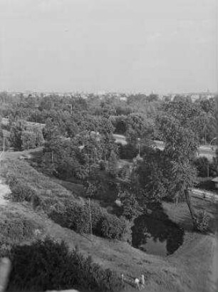 90° Panorama, Bild 1 von 6. Blick auf das Baugelände der Interbau 57 mit Kaiser-Friedrich-Gedächtnis-Kirche. Berlin-Hansaviertel, Klopstockstraße