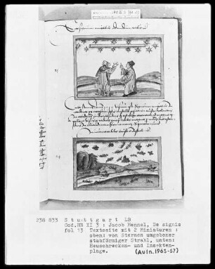 Jacobus Mennel, De signis portentis atque prodigiis — Zwei Miniaturen, Folio 13recto