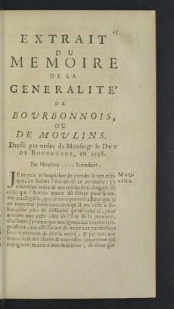 Extrait du Memoire de la Generalité de Bourbonnois, ou de Moulins.