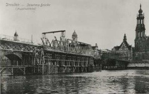 Dresden-Altstadt. Abbruch der Augustusbrücke und Bau der Interimsbrücke 1907. Blick gegen Ständehaus, Georgentor und Katholische Hofkirche