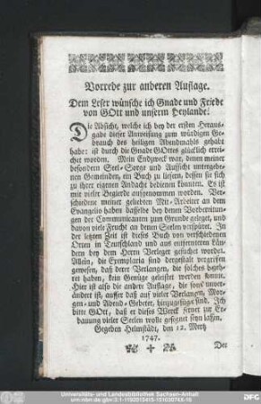 Vorrede zur anderen Auflage. Dem Leser wünsche ich Gnade und Friede von Gott und unserm Heylande!