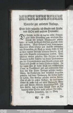 Vorrede zur anderen Auflage. Dem Leser wünsche ich Gnade und Friede von Gott und unserm Heylande!