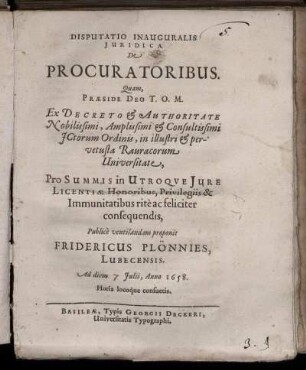 Disputatio Inauguralis Iuridica De Procuratoribus