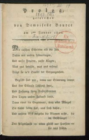 Prolog, gesprochen von Demoiselle Boudet am 1ten Januar 1800