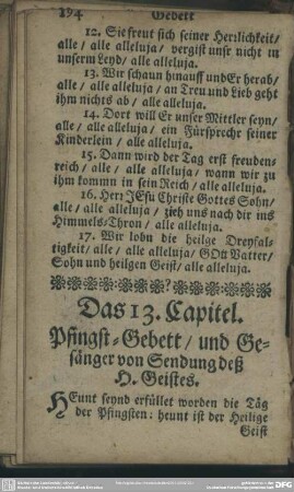 Das 13. Capitel. Pfingst-Gebett, und Gesänger von Sendung deß H. Geistes